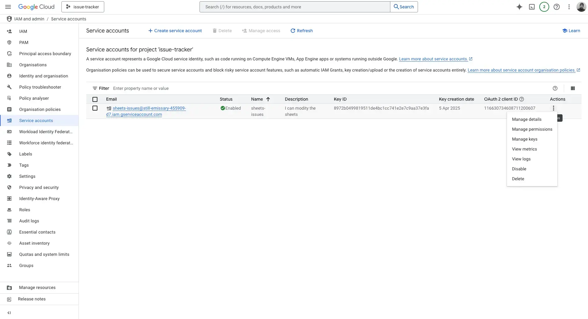 Google Cloud Console showing how to manage keys for the service account