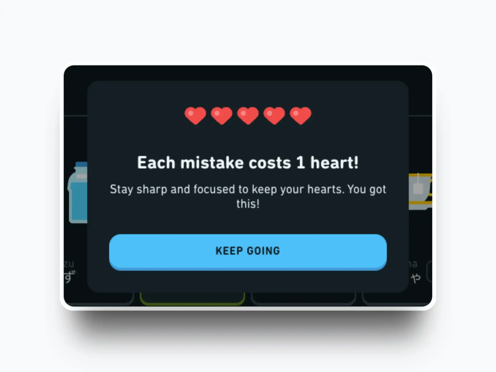 A visual representation of Duolingo's hearts mechanic, showing a user with a limited number of hearts.