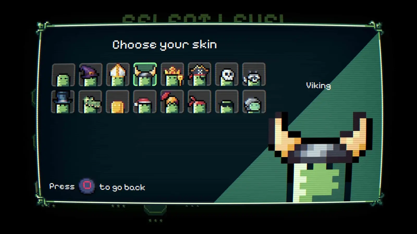 Dimenshaper skin selection menu with the Viking skin selected among sixteen character skins.