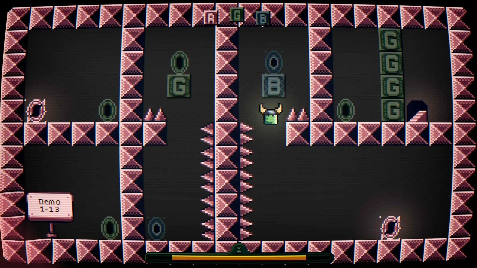 Dimenshaper demo level 1-13: red, green and blue blocks and portals that change depending on the active dimension.