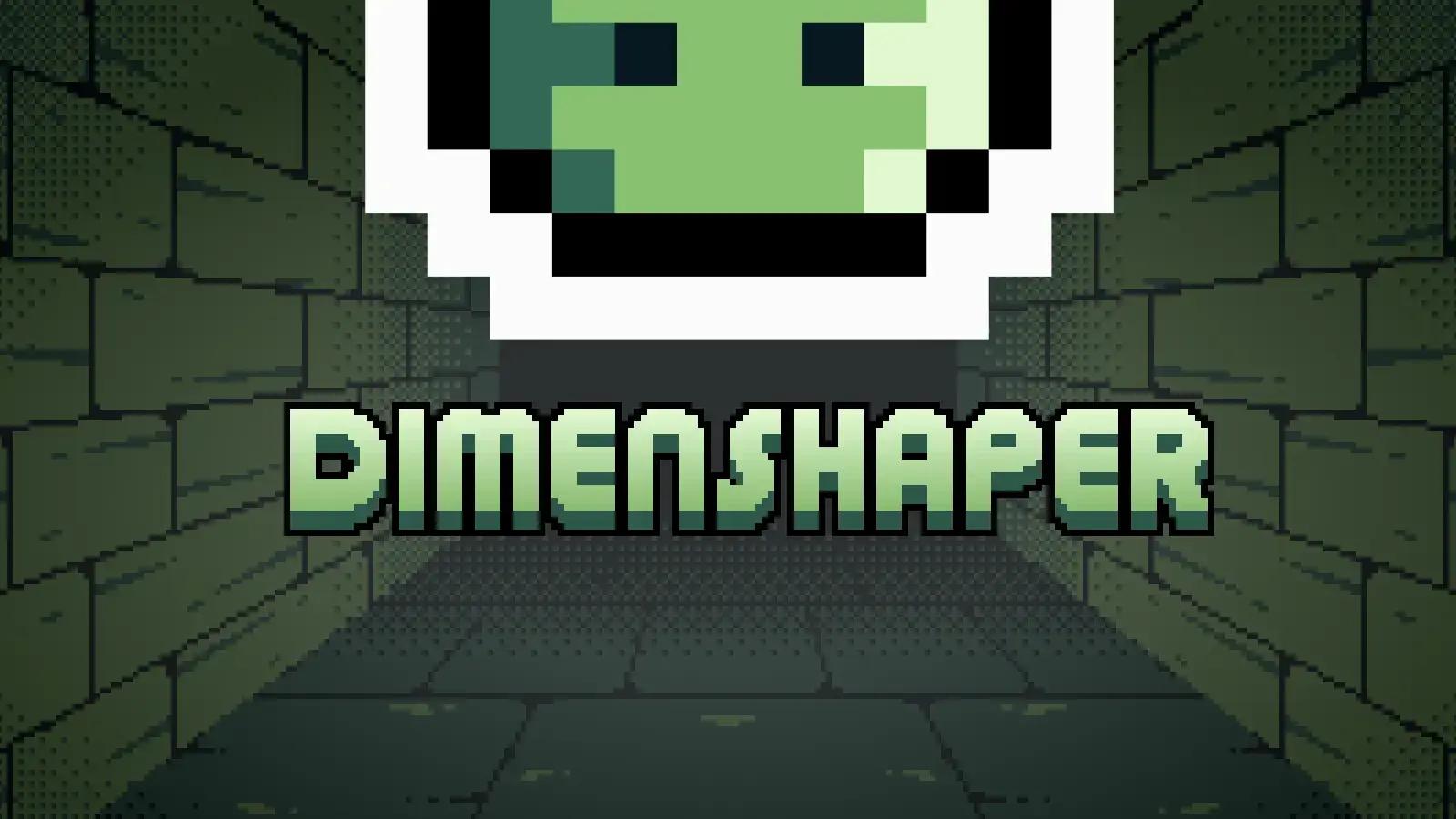 Dimenshaper logo with the green pixel art hero above a dungeon corridor.