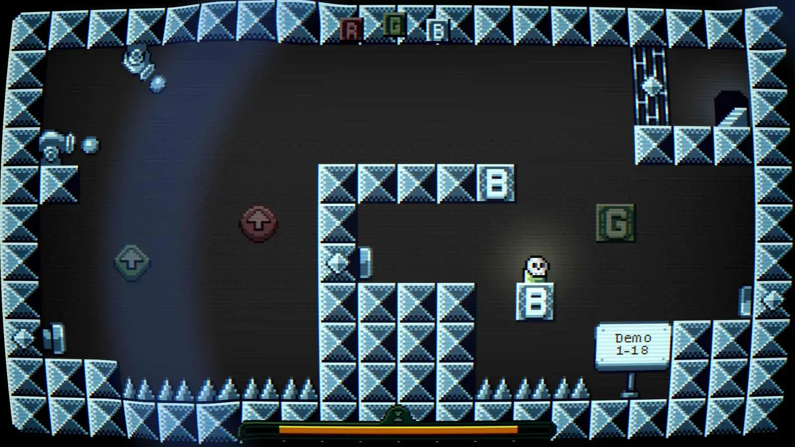 Dimenshaper demo level 1-18 built in Godot: icy blue tiles, cannons, jump pads and dimension blocks.
