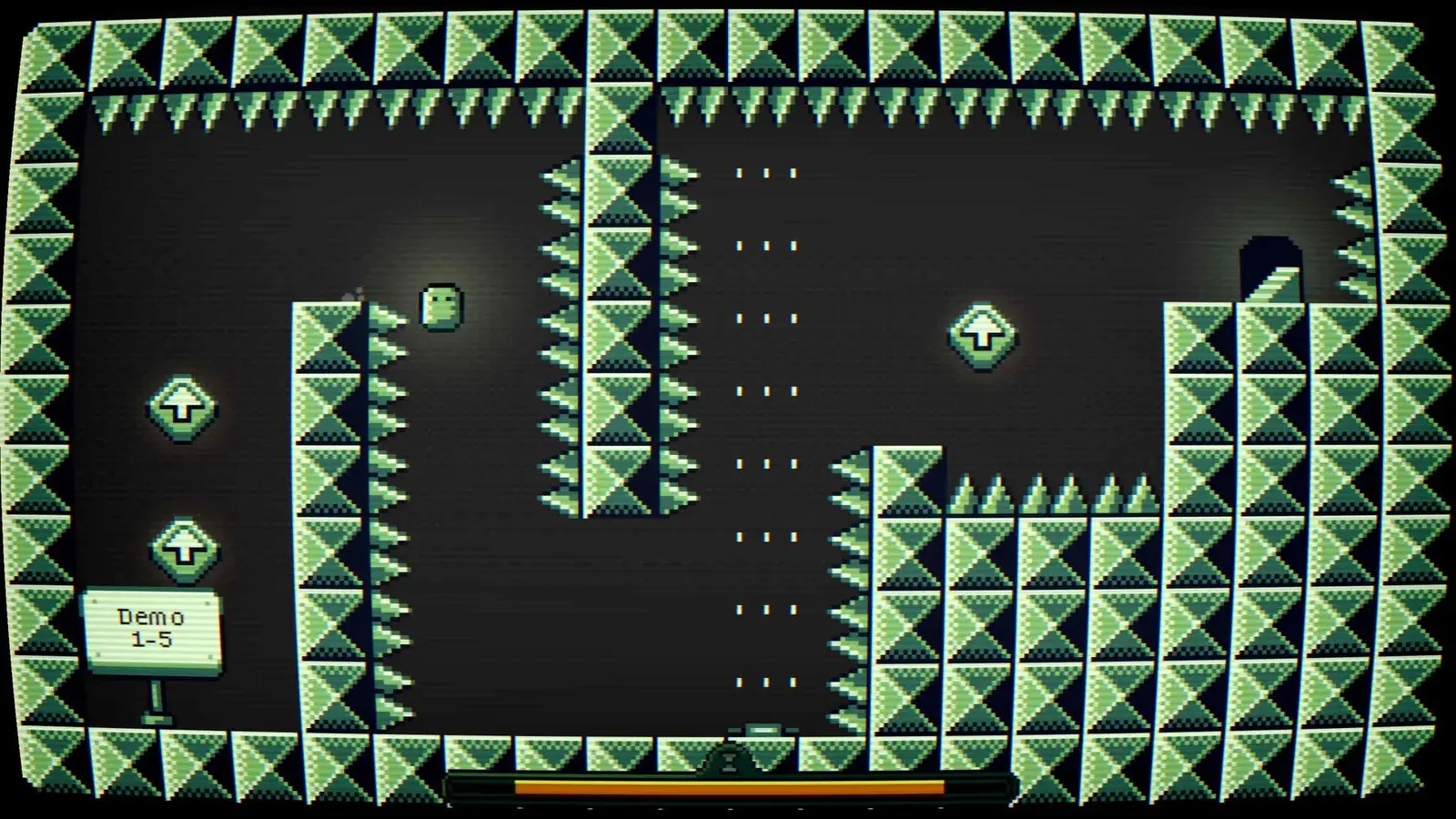 Dimenshaper demo level 1-5: the green hero jumps between spike-covered walls toward the exit door.