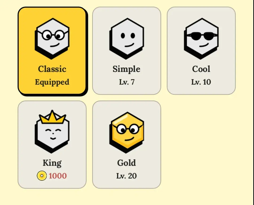 Hexactly customize screen with five skins for the hexagon protagonist: Classic with round glasses (equipped), Simple, Cool with sunglasses, King with a crown and Gold.