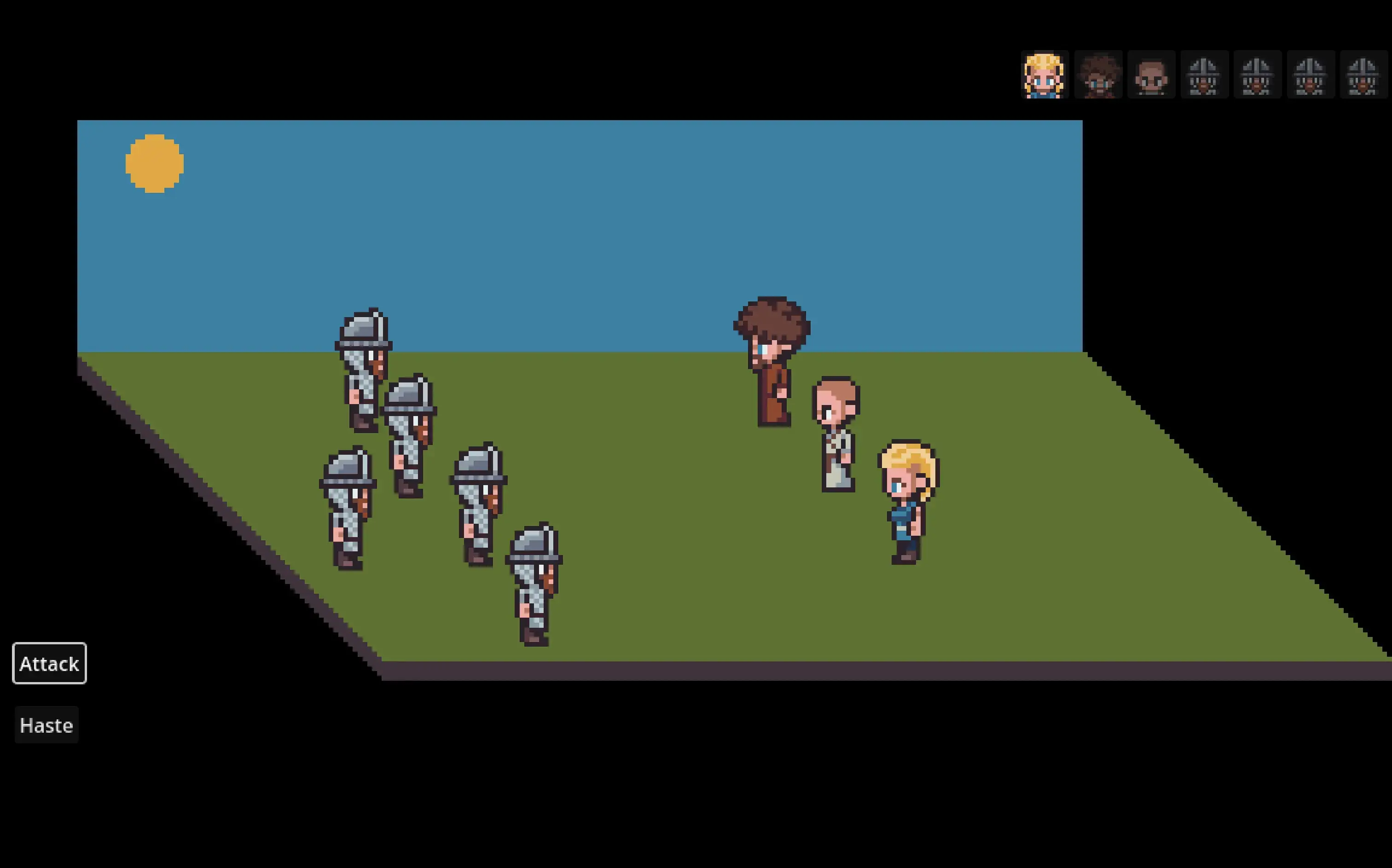 Isometric perspective of a tactical battle scene in a game prototype, with two opposing teams and a minimal UI.