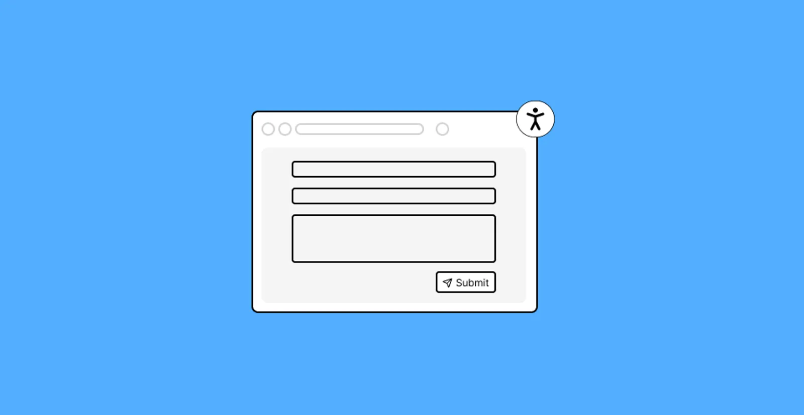 Illustration of an accessible web form on a blue background. The form includes two input fields, a textarea, and a submit button labeled 'Submit' with a paper plane icon. An accessibility icon is displayed in the top-right corner of the form.