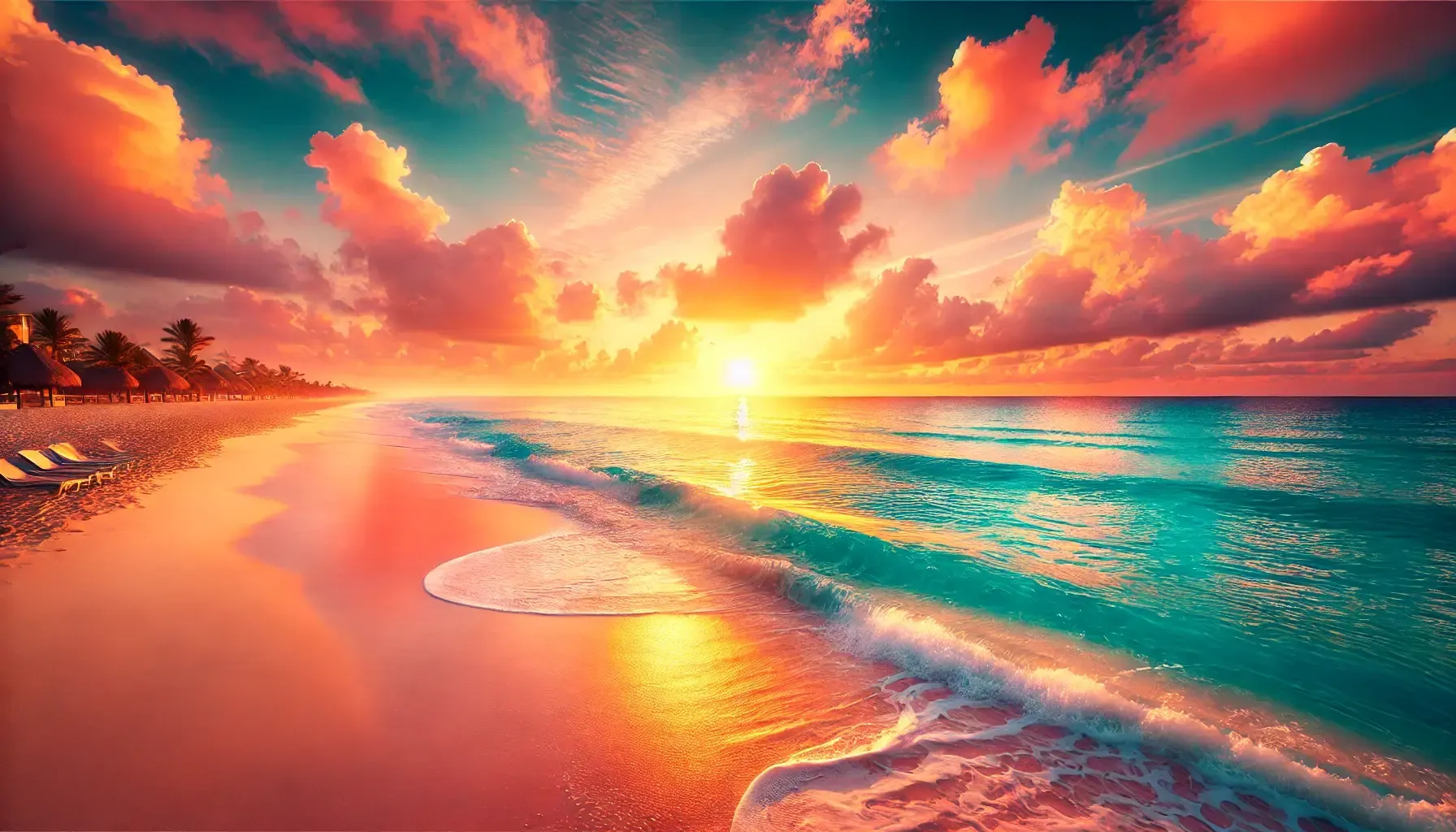 Sunrise on the beach in Cancún with the sun reflecting on turquoise waters