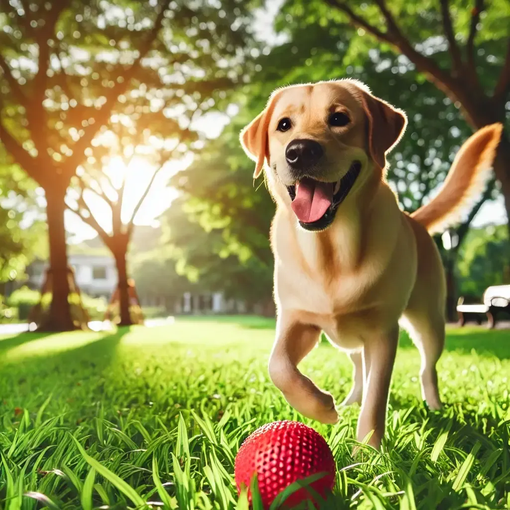 Golden Labrador playing with a red ball in the park.