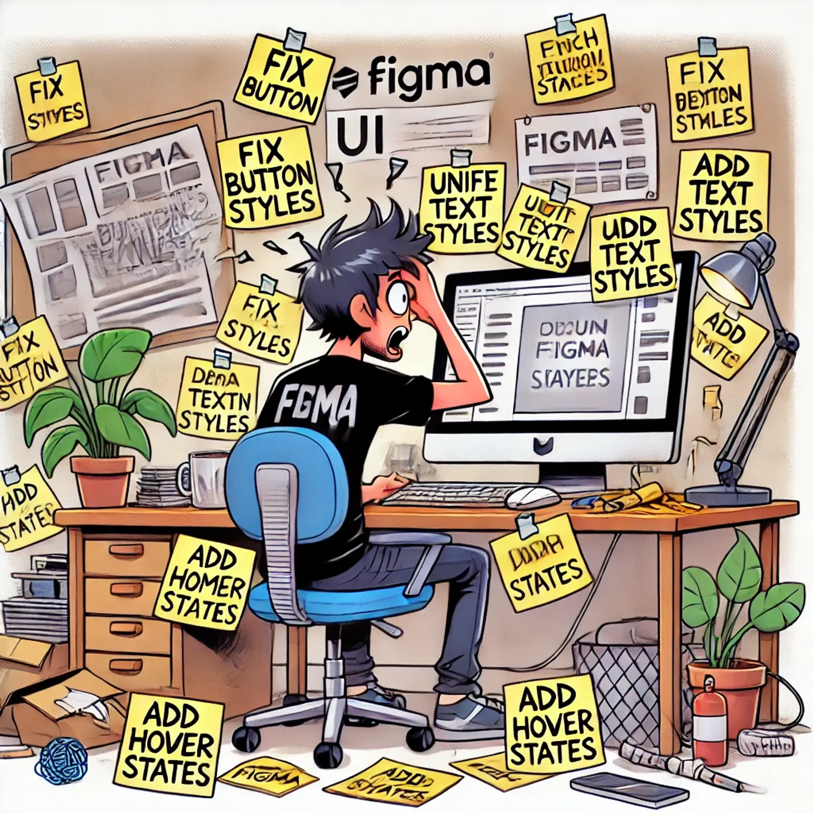 Cartoon-style illustration of a stressed-out UX/UI designer sitting at a cluttered desk, overwhelmed with sticky notes labeled 'Fix Button Styles,' 'Unify Text Styles,' 'Add Hover States,' and other Figma-related tasks. The workspace is chaotic, representing accumulated design debt in UI/UX workflows.