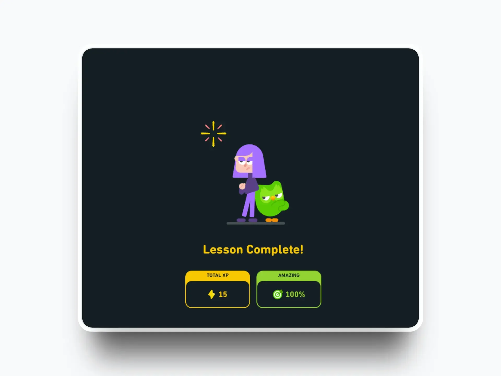 A visual representation of Duolingo's gamified rewards system, showing a user earning XP and perfect scores.