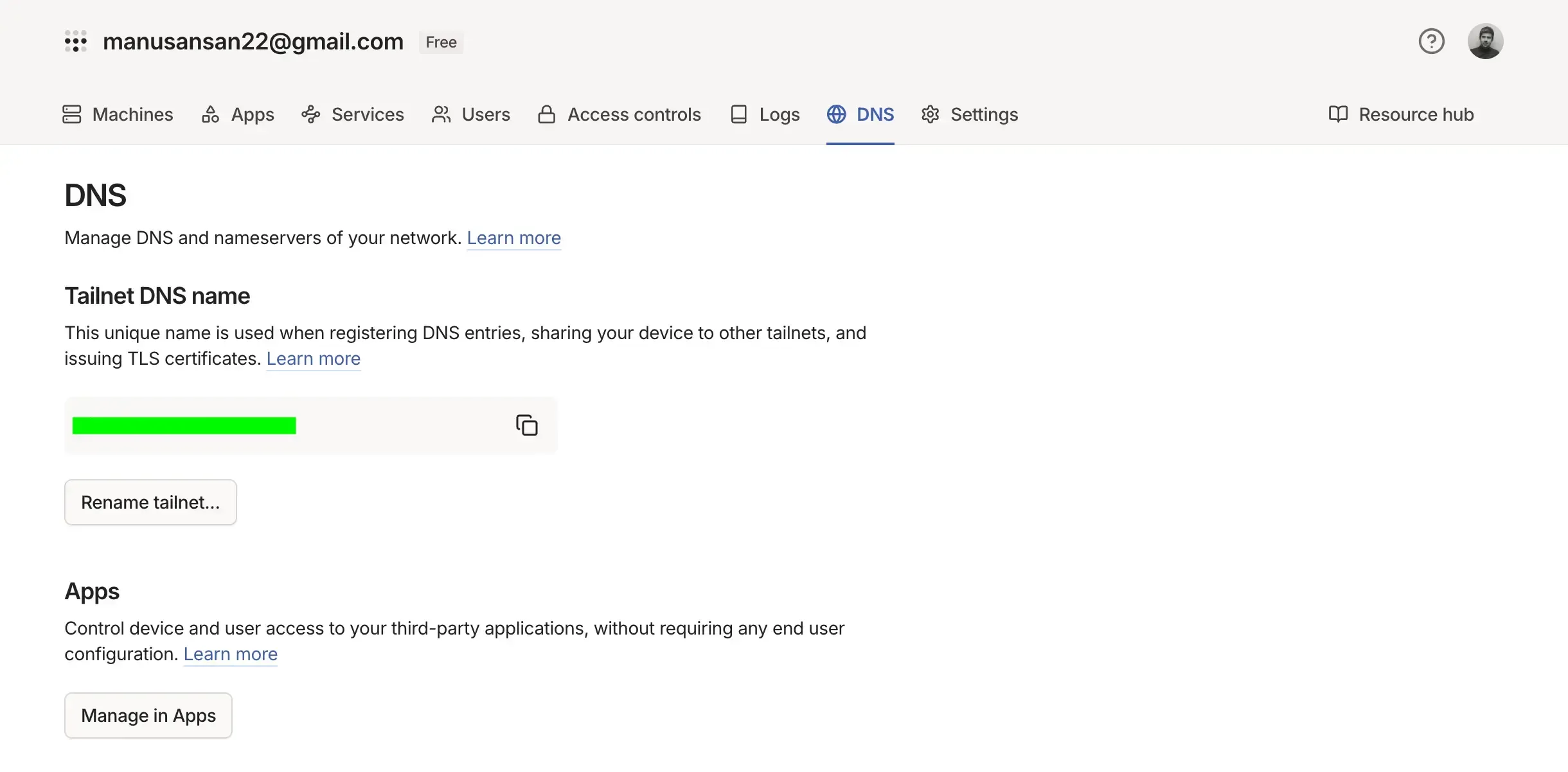 Interface of Tailscale with the DNS tab active showing the name.