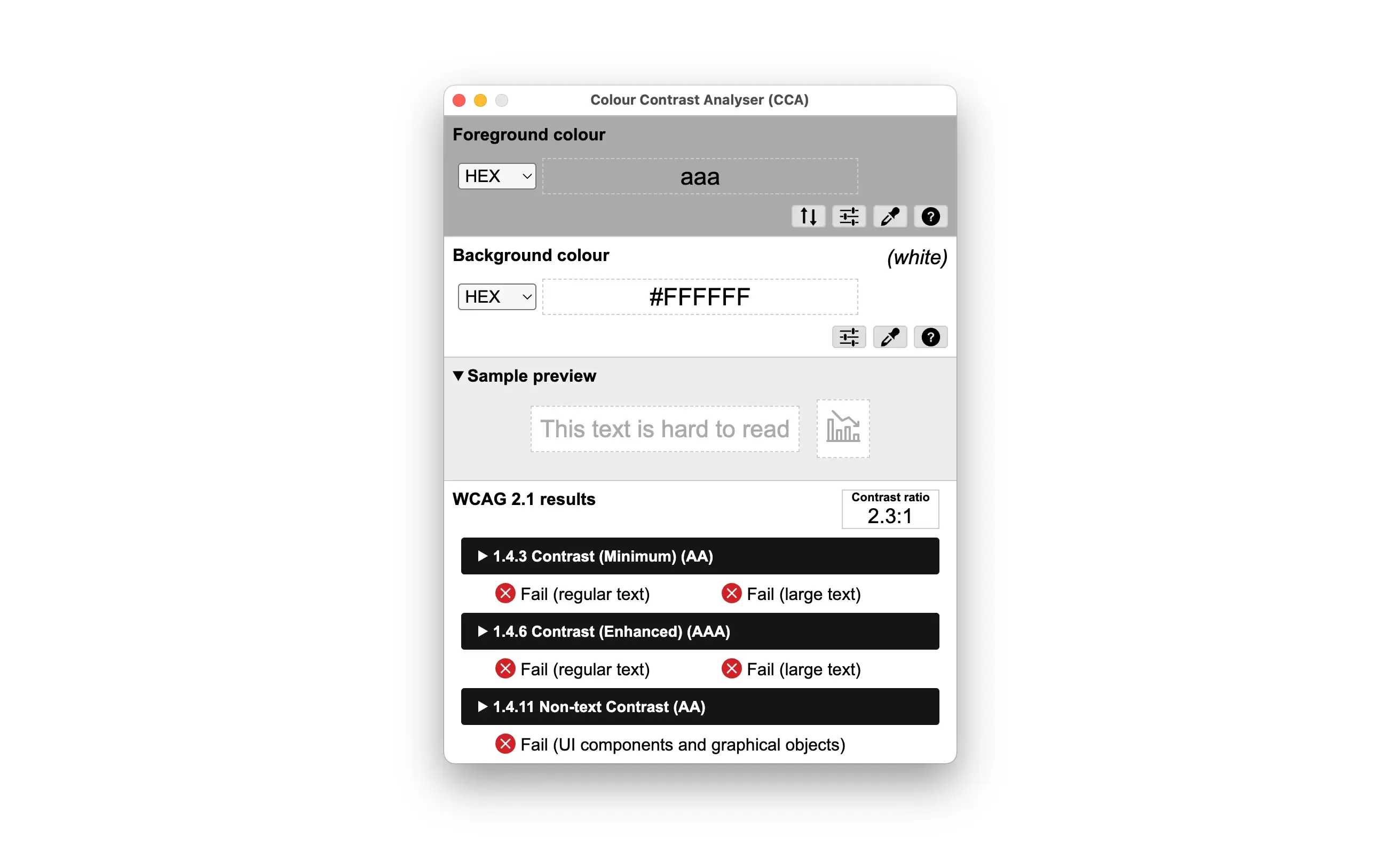 Interface of a color contrast testing tool showing insufficient contrast ratio.