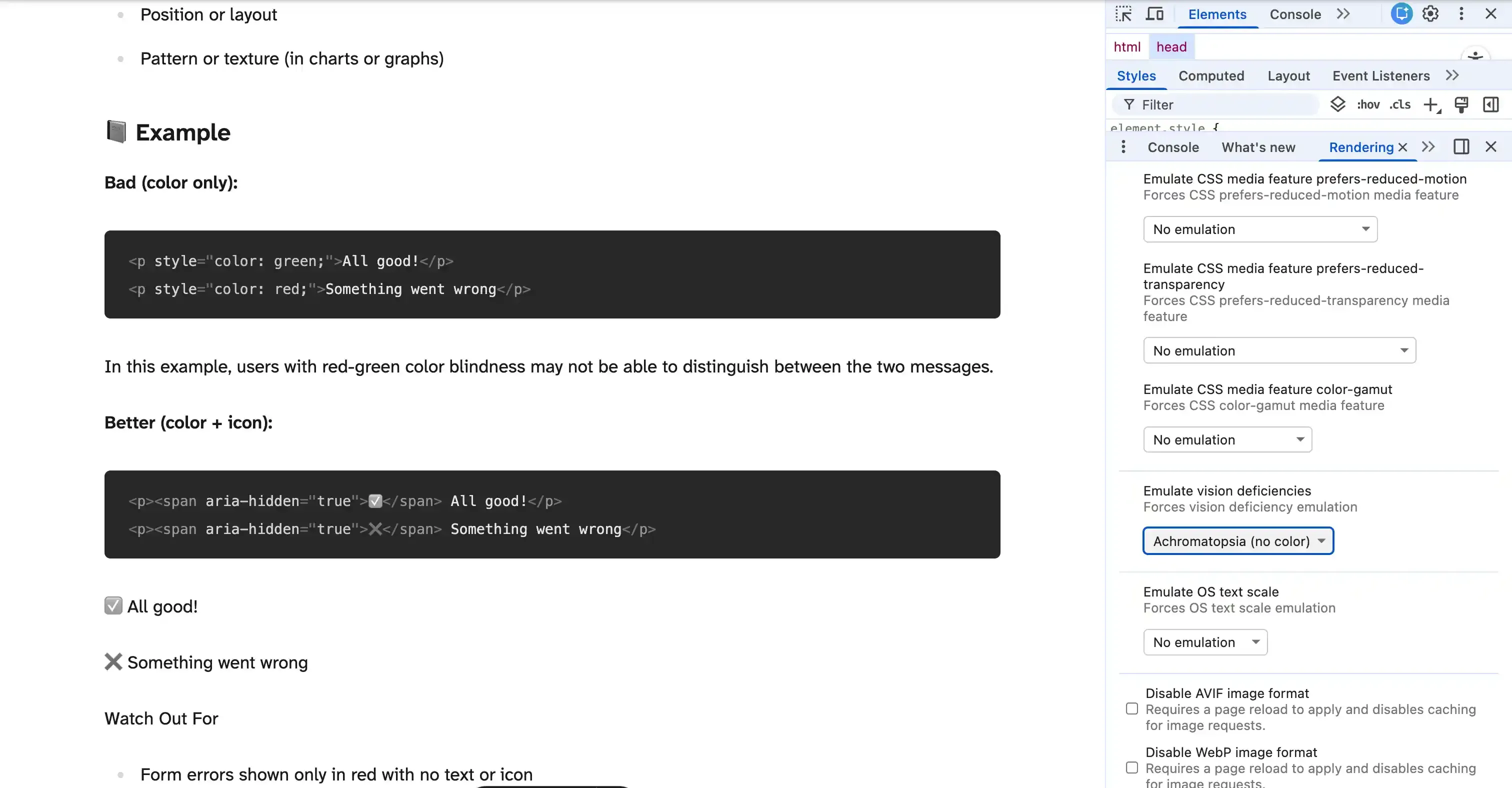 Emulate vision deficiencies options in Chrome DevTools.