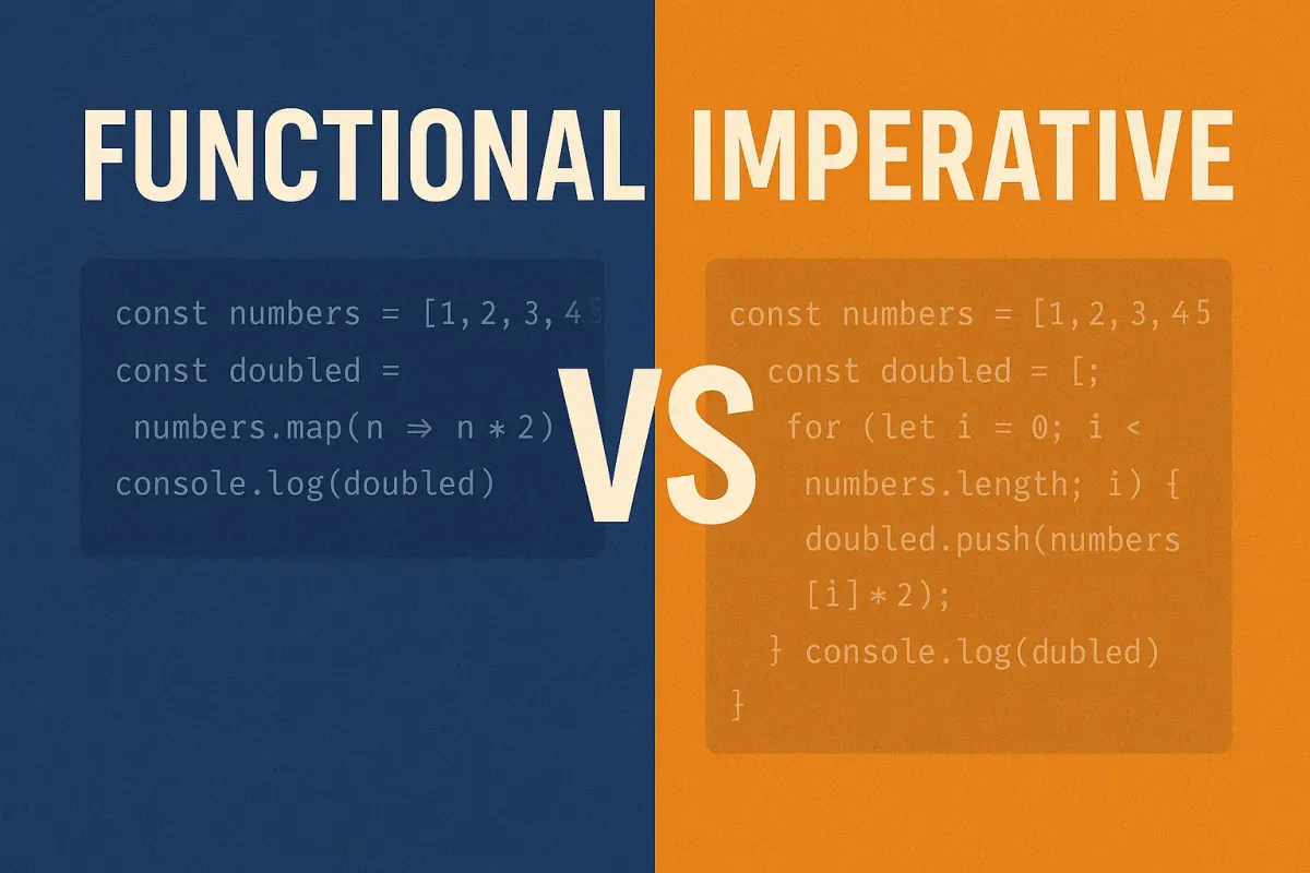 Visual comparison of functional vs imperative programming in JavaScript, with map-based code on the left and for-loop code on the right