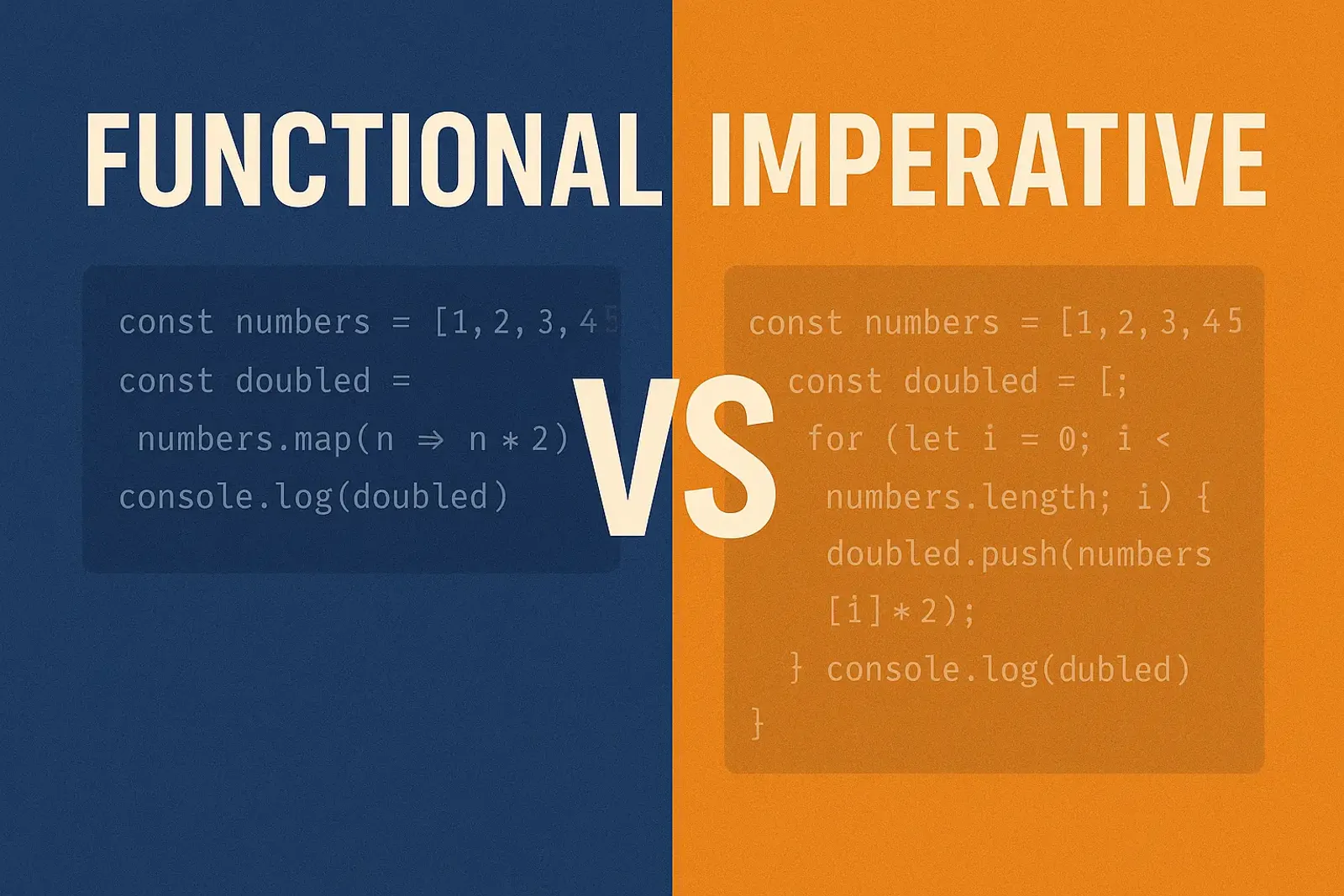 Visual comparison of functional vs imperative programming in JavaScript, with map-based code on the left and for-loop code on the right