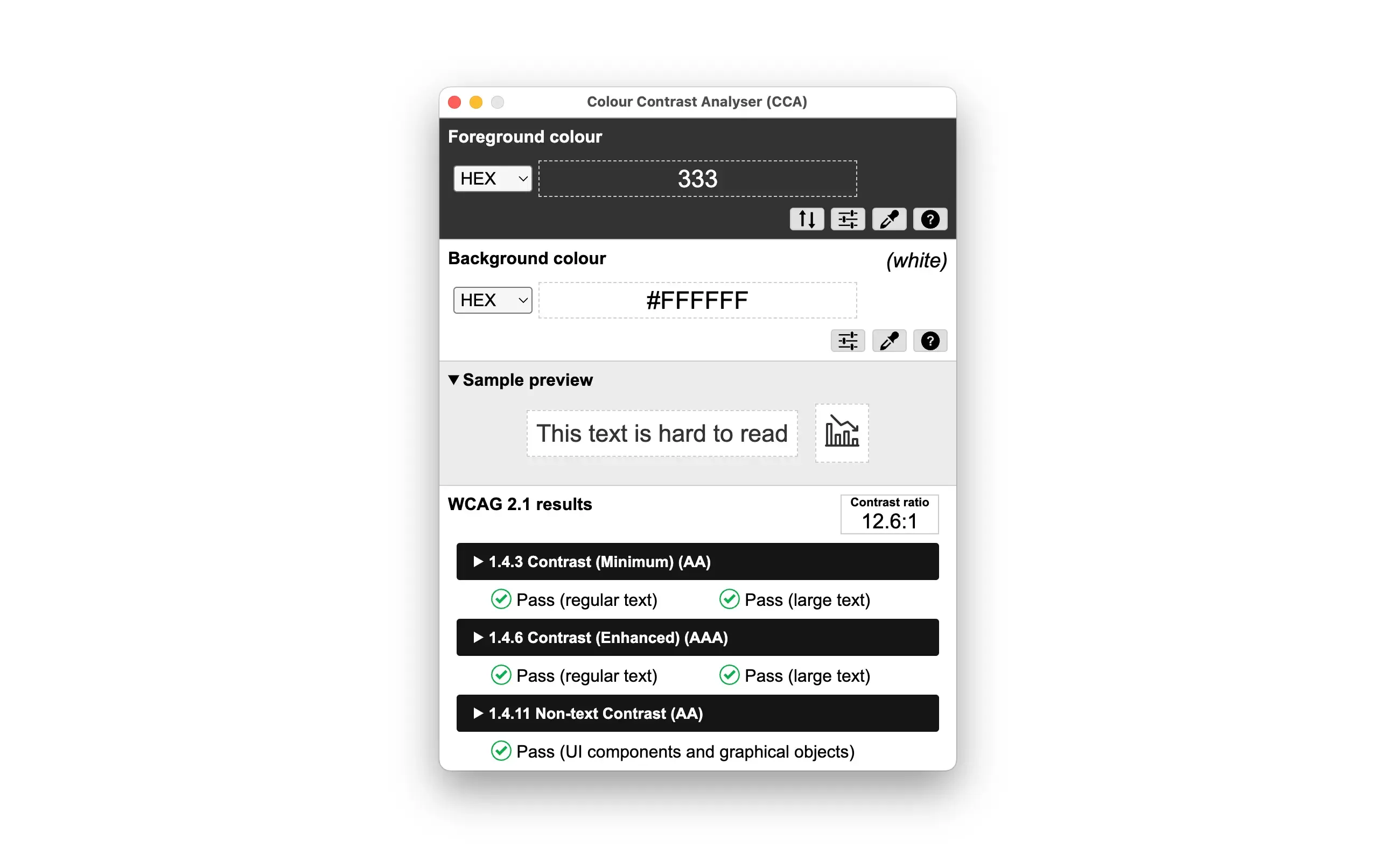 Interface of a color contrast testing tool showing sufficient contrast ratio.